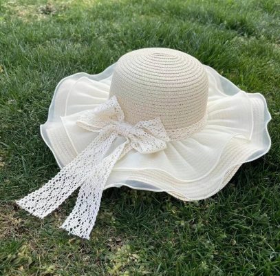 mũ cói đi biển vành rộng phối ren nơ