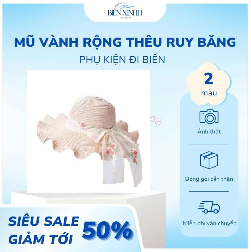 mũ vành rộng thêu ruy băng