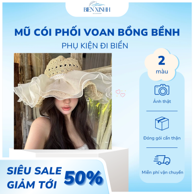 mũ cói phối voan bồng bềnh