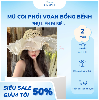 mũ cói phối voan bồng bềnh