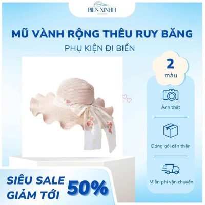 mũ vành rộng thêu ruy băng