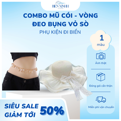 Combo mũ cói ren nơ, vòng đeo bụng vỏ sò