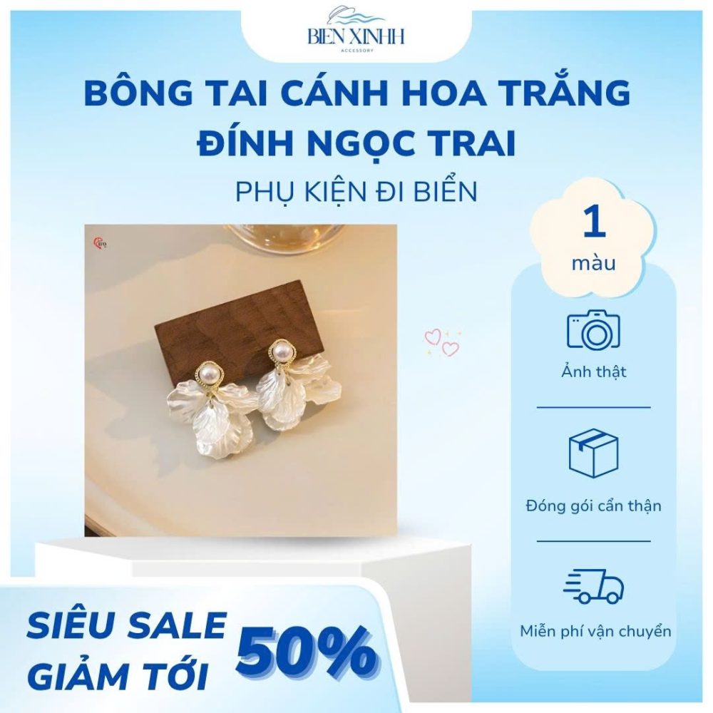 BÔNG TAI CÁNH HOA TRẮNG ĐÍNH NGỌC TRAI