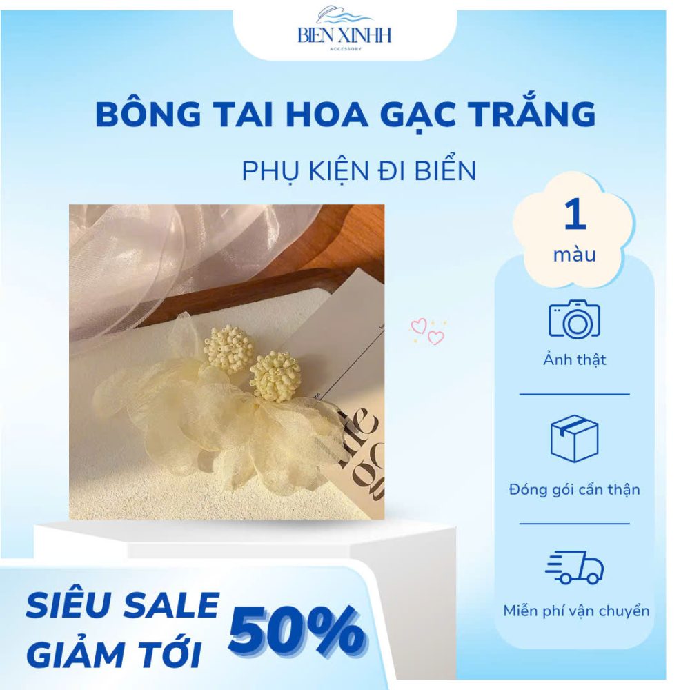 BÔNG TAI HOA GẠC TRẮNG VẢI VOAN