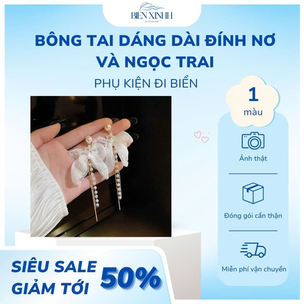 BÔNG TAI DÁNG DÀI ĐÍNH NƠ VÀ NGỌC TRAI